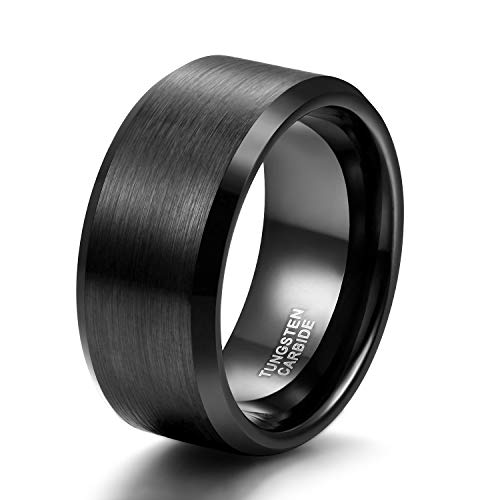 TRUMIUM 2mm 4mm 6mm 8mm 10mm Tungsten Ring Wedding Band for Women Men Bevel Edges Brushed Comfort Fit Size 4-15 - color: Black 10mm