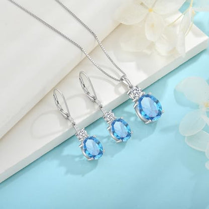 Birthstone Necklace for Women 925 Sterling Silver | Oval Cut Pendant Necklace, Jewelry for Mom Wife - color: Sea Blue
