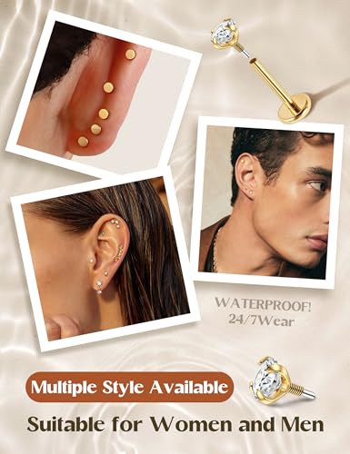ORAZIO Flat Back Stud Earrings for Women Helix Tragus Nose Piercing Jewelry | Hypoallergenic Surgical Steel Internal Thread Flatback Stud for Medusa Lip Labret Cartilage Conch Piercing Jewelry Single PC