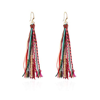 Bohemian Feather Dangle Earrings for Women with Shell Beads Long Tassel Design Drop Earrings - style: Boho-tassel
