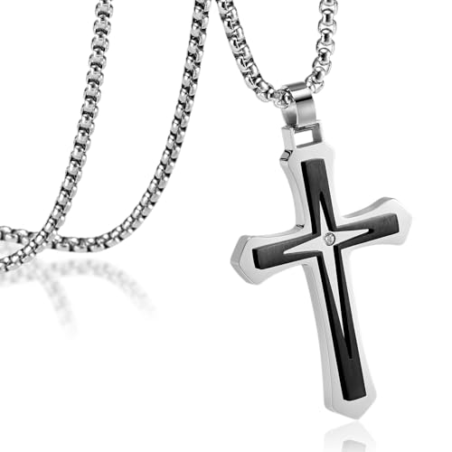 MOOSKI Cross Necklace for Men Stainless Steel Christ Jesus Jewelry 24"Chain | Religious christ Pendant ,Adjustable Rolo Chain,Gold Silver/Black Christian Jewelry Gift Women Men - color: Silver&Black