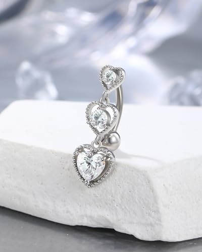 Triple Heart Dangle Belly Button Rings - 14G Reverse Navel Rings Dangly Cute Belly Piercing Jewelry - Stainless Steel - color: Silver