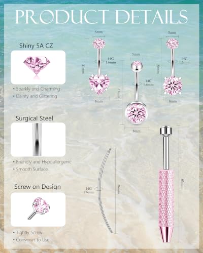 ONESING 14G Belly Button Rings Hypoallergenic Surgical Stainless Steel Belly Rings for Women Round Heart Teardrop Cubic Zirconia 12MM Navel Piercing Jewelry Barbell Studs with Tools - color: Silver B-Pink CZ-14G