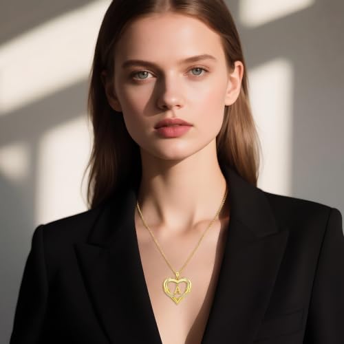 Midari 18K Gold Initial Letter Necklace for Women 18K Gold Initial Heart Capital Monogram Necklace for Mom Wife Alphabets from A-Z - color: A