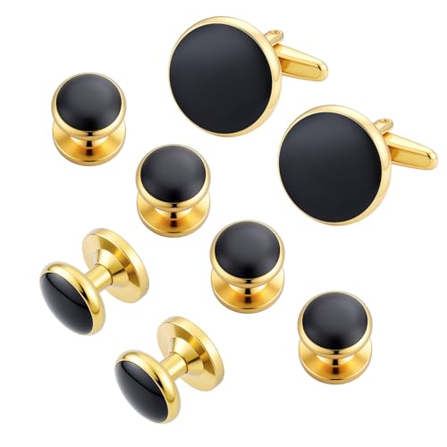 Cufflinks for Men and Tuxedo Shirt Studs Set with Gift Box Stainless Steel Cuff links - style: Gold/Black-2+6