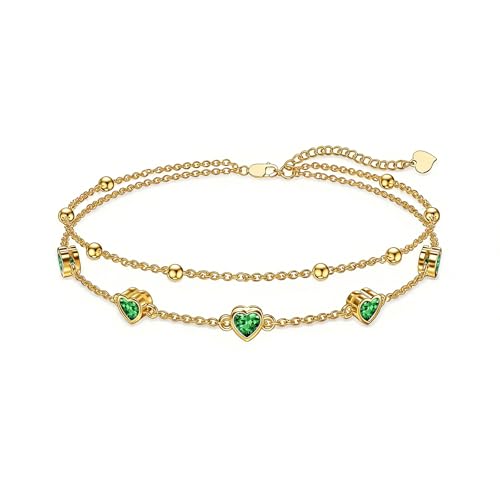 Midari 18K Yellow Gold Gemstone Birthstone Anklet Bracelet Heart Jewelry with 12 Months Birthstone Birthday Gifts for Women Wife Her Daughter Mom - color: 05-May-Emerald, size: Bracelet 7"-9"