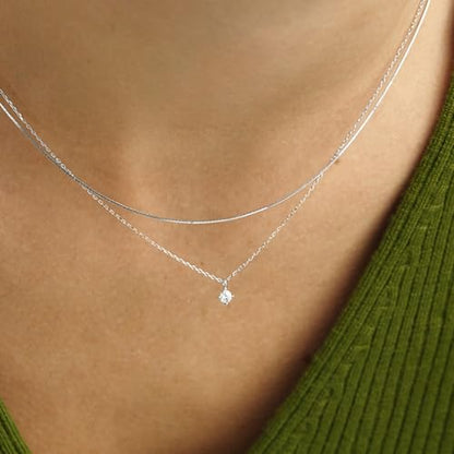 Layered Choker Necklace for Women Stackable Chain Dainty Zircon Pendant Set | 2PCS, Silver/14K Gold Plated, Box/Ball/Rope/Lip chain, Layering Diamond Cut CZ Pendant, Dainty Thin Chain, Trendy Prom Gift - color: Silver, style: Style 02