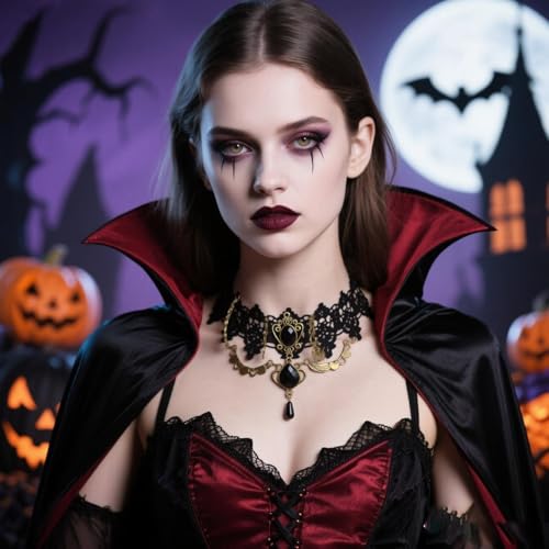 Vampire Choker Necklace for Women Gothic Lace Choker Necklace Y2K Goth Red Black Zirconia Pendant Necklaces Halloween Dark Bridal Vampire Costume Jewelry Accessories - style: Style-D