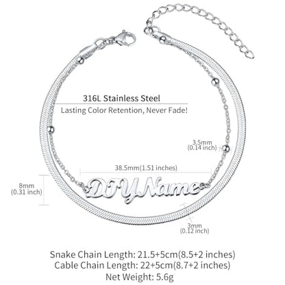 ChainsHouse Double Layer Anklet Bracelet for Women,Adjustable Chain Anklets Stackable Dainty Anklets,Stainless Steel/Gold Plated/Black Ankle Jewelry Gifts - color: A-Silver-Snake Chain