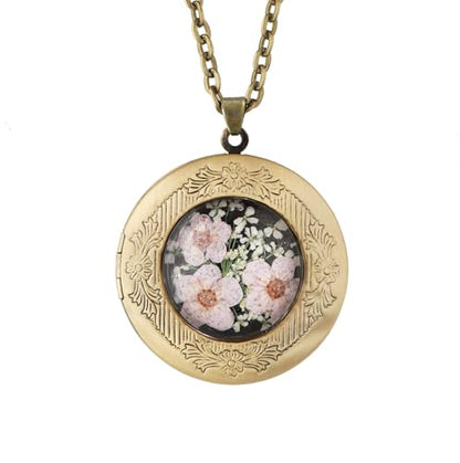 Handmade Oval Shaped Photo Locket with dried Pressed Flowers Locket pendant Necklace - style: Round Yellow Forget Me Not