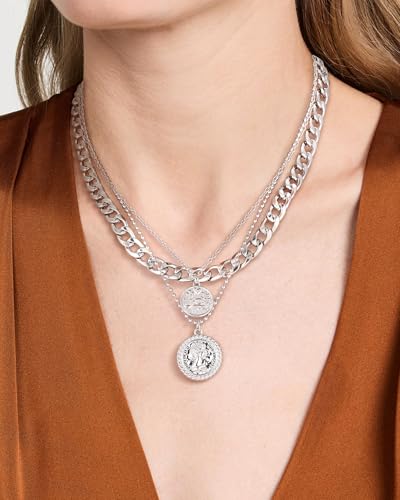 MJartoria Layered Necklaces for Women Trendy Retro Coin Pendant Necklace Dainty Chunky Chain Necklaces for Jewelry Birthday Gifts - color: Silver, style: A-Retro Coin-2PCS