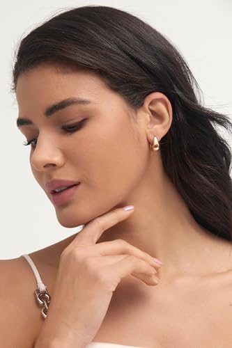 Small Chunky Hoop Earrings for Women 14k Real Gold Plated 925 Sterling Silver Post Oval Hoop Earrings Hypoallergenic Thick Huggie Hoops Earrings Jewelry Gifts for Women - color: gold