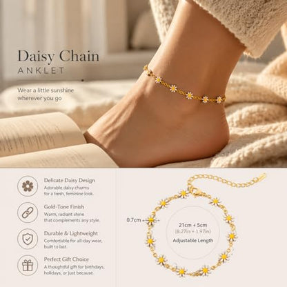 Women's Stainless Steel Daisy Anklet Gold Chain Dainty Flower Ankle Bracelet for Summer Beach Wear - color: White Daisy
