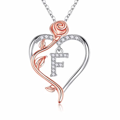 Iefil Rose Heart Initial Necklace, Anniversary Birthday Gifts for Women | Gift Box Packaging, 925 Sterling Silver, Jewelry Gift for Her Wife Mom Girlfriend, Initial A-Z, 19+2inches - color: IEFIL Jewelry Box, style: F