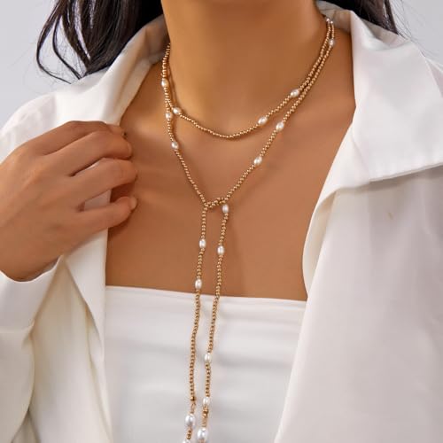 Long Black Beaded Necklace for Women Trendy Gold Beads Slip Tie Pearl Wrap Necklace Layered Silver Lariat Necklaces with Pearl Drop Y Statement Necklaces Versatile Elegant Jewelry - color: Gold-Plated