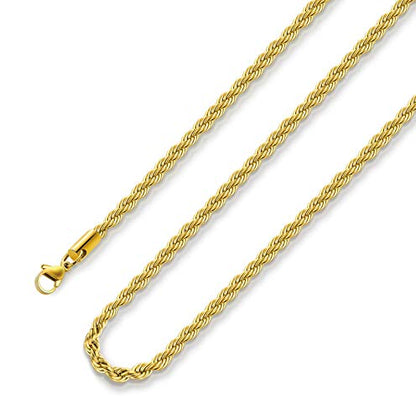 24K Gold Plated Rope Chain Stainless Steel Twist Chain Necklace Men Women - color: 24K Gold-Plated, size: 18 Inches