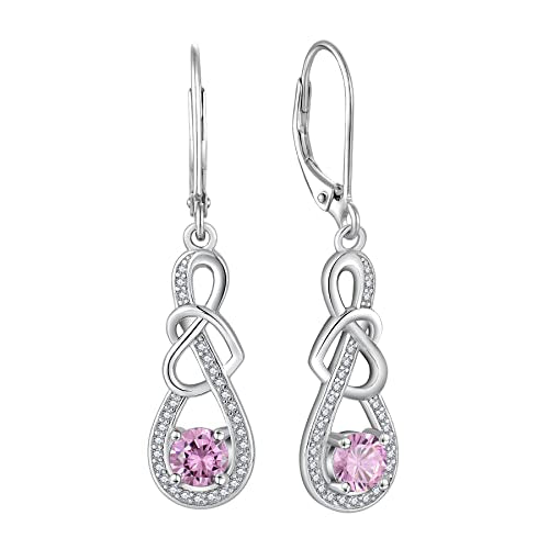 Dangle Drop Earrings for Women 925 Sterling Silver Heart Infinity Leverback Earrings Birthstone Jewelry Gifts for Women Wife Girlfriend Mother Daughter Her - color: 10 October - Pink Tourmaline