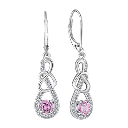 Dangle Drop Earrings for Women 925 Sterling Silver Heart Infinity Leverback Earrings Birthstone Jewelry Gifts for Women Wife Girlfriend Mother Daughter Her - color: 10 October - Pink Tourmaline