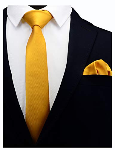 GUSLESON 2.4" Slim Necktie and Handkerchief Set For Men Solid Skinny Tie Set - color: Gold