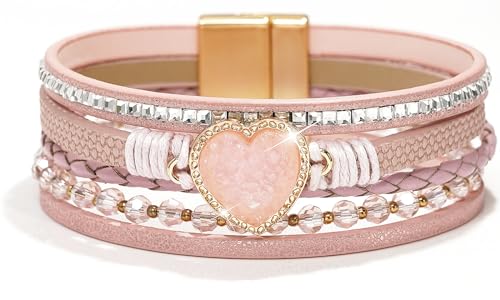 Suyi Multilayer Leather Wrap Bracelet Heart-Shape Wide Bracelets for Women - color: Pink 2