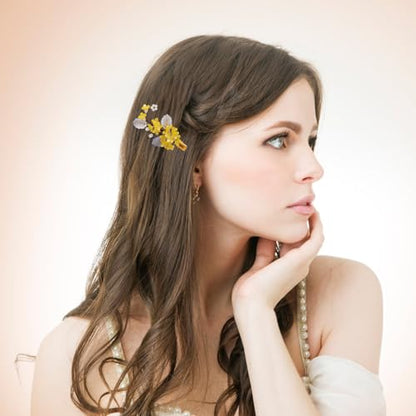 Wedding Hair Clips, Crystal Hair Pins Pearl Rhinestone Hair Barrettes, Bridal Flower Hair Pieces Pearl Headpieces Hair Accessories for Women Girls (Yellow) - color: Yellow