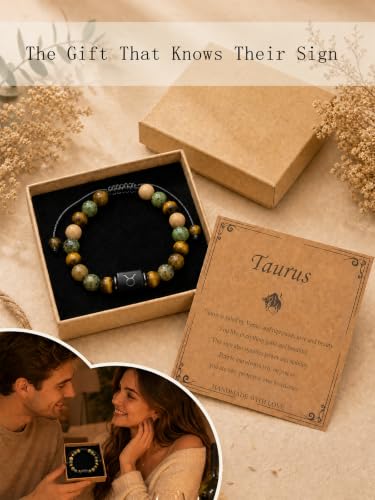 Zodiac Bracelet for Women and Men, Zodiac Sign Natural Stone Beaded Bracelet, Adjustable Horoscope Astrology Bracelet with Zodiac Card, Birthday Gift for Her Him - color: Taurus