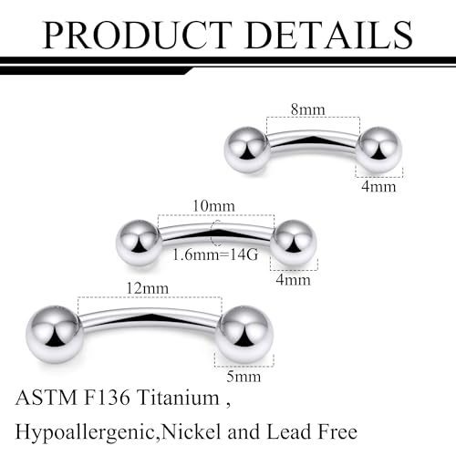 20g 18g 16g 14g Rook Piercing Jewelry Titanium Externally Threaded Curved Barbell Eyebrow Tragus Helix Conch Lobe Labret Earrings Lip Rings Body Piercing Jewelry For Women Men Ball Spike 6mm-19mm - size: 14G - 8/10/12mm Ball