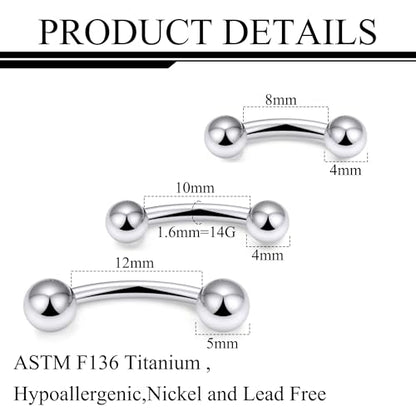 20g 18g 16g 14g Rook Piercing Jewelry Titanium Externally Threaded Curved Barbell Eyebrow Tragus Helix Conch Lobe Labret Earrings Lip Rings Body Piercing Jewelry For Women Men Ball Spike 6mm-19mm - size: 14G - 8/10/12mm Ball