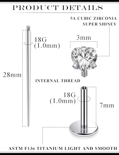 20G 18G 16G Astm F136 Titanium Internal Thread Flat Back Earrings Nose Studs Tragus Helix Conch Cartilage Lobe Earrings Medusa Labret Snake Bite Monroe Lip Ring Piercing Jewelry For Women Men - color: Clear, size: 18G-7MM Bar-CZ 3MM