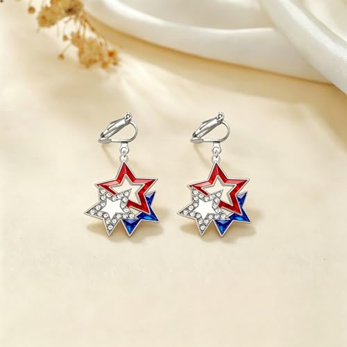 4th of July Independence Day Clip on Earring for Women American Flag Dangle Earrings Patriotic Red White Blue USA Earring, Pave Crystal Stud - color: Blue star