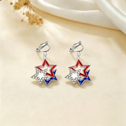 4th of July Independence Day Clip on Earring for Women American Flag Dangle Earrings Patriotic Red White Blue USA Earring, Pave Crystal Stud - color: Blue star