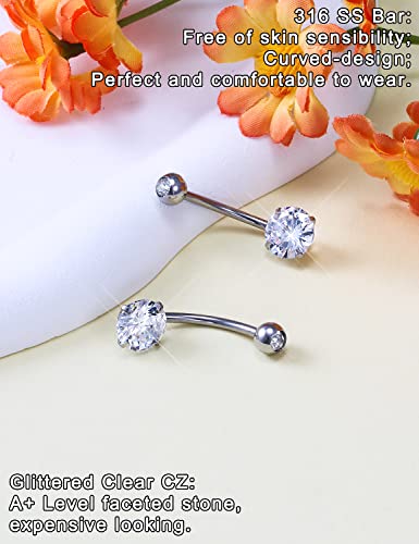 Long Belly Button Ring 6mm 8mm 10mm 12mm 14mm Surgical Stainless Steel Round Cubic Zirconia Navel Barbell Long Bar Belly Button Piercing Jewelry Silver, black, rose gold belly ring - color: 2pcs-14mm-Silver navel ring