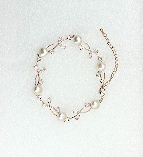 Faship Genuine Freshwater Pearls Floral Necklace Earrings Set | Premium CZ Crystal, Gorgeous, Sparkling - color: Clear / Rose Gold Plated / Matching Bracelet