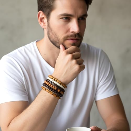 Wooden Mens Beaded Bracelets Adjustable Elasticity Mens Bracelet Multi-Layer Detachable Beaded Bracelets for Men - color: T-002