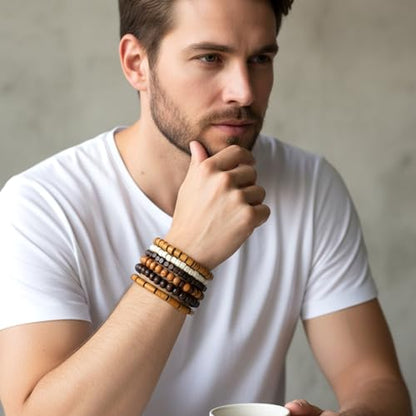 Wooden Mens Beaded Bracelets Adjustable Elasticity Mens Bracelet Multi-Layer Detachable Beaded Bracelets for Men - color: T-002