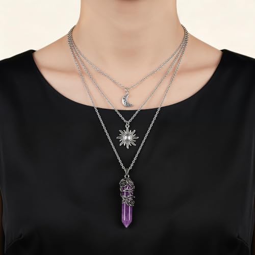 Gothic Emo Grunge Crescent Moon Layered Choker for Women | Boho Moon Sun Star Crystal Pendant Necklace, Punk Witchy Halloween Christmas Jewelry Accessories Gifts - color: Purple