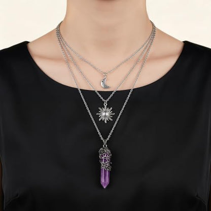 Gothic Emo Grunge Crescent Moon Layered Choker for Women | Boho Moon Sun Star Crystal Pendant Necklace, Punk Witchy Halloween Christmas Jewelry Accessories Gifts - color: Purple