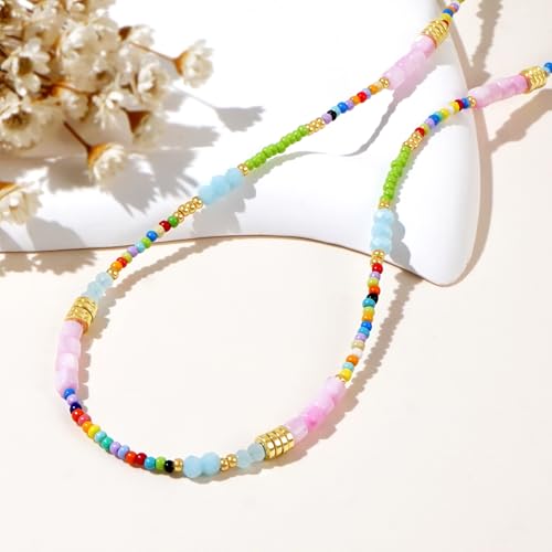 Gold Seed Beaded Necklaces for Women, Boho Handmade Adjustable Colorful Beads Choker Summer Beach Jewelry Gift. - color: Pink Green