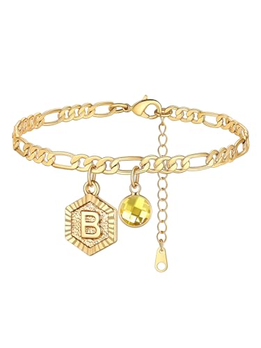 Custom4U Personalized Initial Ankle Bracelets for Women 14K Gold Plated Dainty CZ Birthstone Hexagon Letter Initial Anklets for Women Adjustable Silver/Gold Foot Chain Summer Beach Jewelry Gifts - color: Gold Hexagon-B