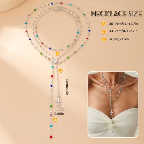 Layered Cross Necklace Set for Women, Layered Choker Necklaces Trendy Jewelry, Colorful Enamel Beaded Y-Shaped Lariat Necklace, Boho Multilayer Cross Necklace for Party and Daily Wear - color: Silver-06