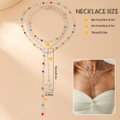 Layered Cross Necklace Set for Women, Layered Choker Necklaces Trendy Jewelry, Colorful Enamel Beaded Y-Shaped Lariat Necklace, Boho Multilayer Cross Necklace for Party and Daily Wear - color: Silver-06