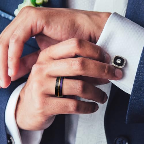 King Will Black Tungsten Rings for Men Hammer Wedding Band | Black, Grooved, Hammer Wedding Band Gold Groove, Sand Inlay, Everyday Wear - color: Black & Purple Sand Inlay