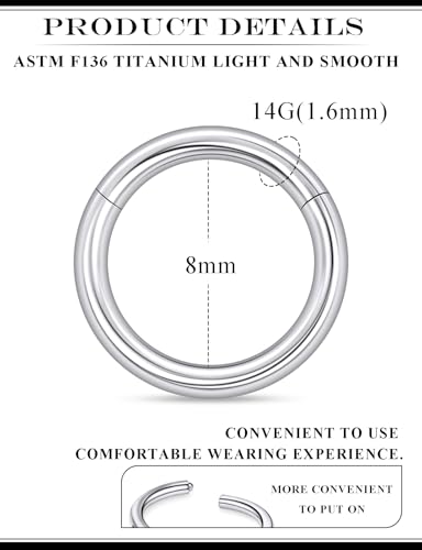 20G 18G 16G 14G 12G 10G 8G 6G 4G 2G Nose Rings Hoops Astm F136 Titanium Clicker Septum Lip Ring Tragus Helix Daith Rook Conch Snug Cartilage Lobe Earrings Hoop Piercing Jewelry For Women Men - size: 14G-8MM