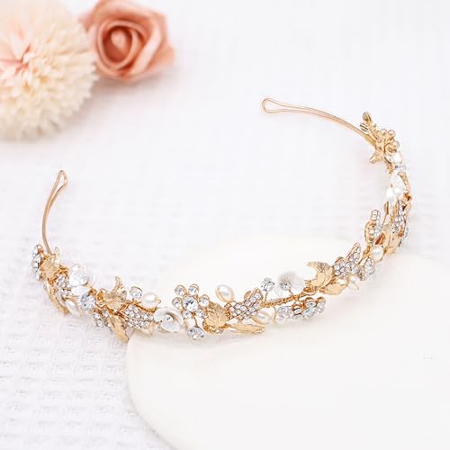 Oriamour Rhinestone Bridal Headband With Pearls Handmade Crystal Wedding Headpieces for Brides Wedding Hair Accessories for Bridesmaid Flower (Gold, 15'') - color: Gold
