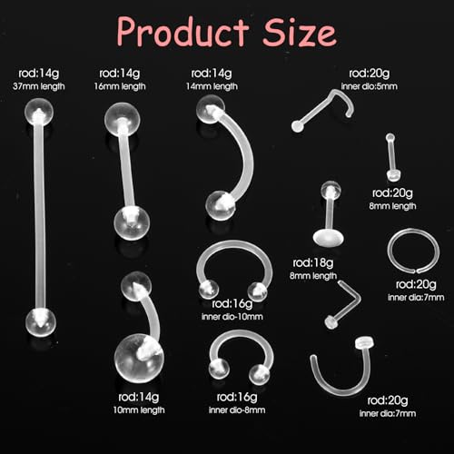 36Pcs Clear Piercing Retainers Plastic Piercings for Surgery Nose Rings Studs Tongue Belly Ring Septum Eyebrow Nipple Lip Labret Tragus Cartilage Earring Industrial Bar for Work