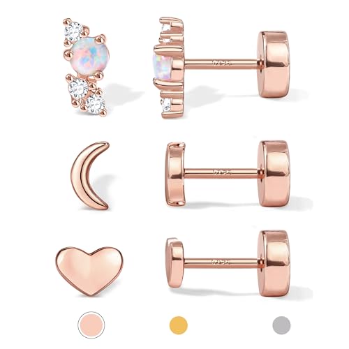 14K Gold Plated 925 Sterling Silver Flat Back Earrings Set | Hypoallergenic Cartilage Helix Conch Tragus Piercing Jewelry 3 Pairs Small Screw Dainty CZ Opal Earring Set Men Women - color: Rose Gold, Style D
