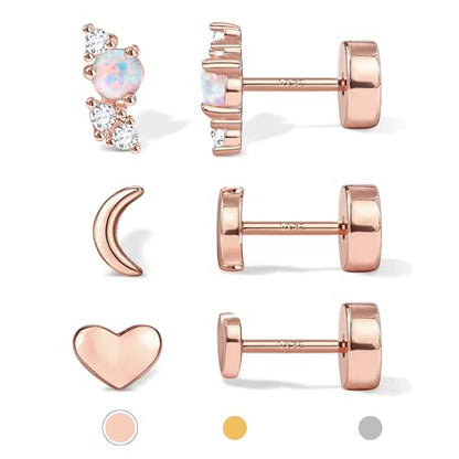 14K Gold Plated 925 Sterling Silver Flat Back Earrings Set | Hypoallergenic Cartilage Helix Conch Tragus Piercing Jewelry 3 Pairs Small Screw Dainty CZ Opal Earring Set Men Women - color: Rose Gold, Style D