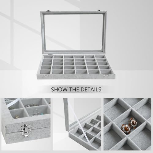Wudygirl 30 Grid Jewelry Organizer Velvet Jewelry Box Jewelry Tray with Clear Lid Storage Case Showcase Display Stackable Removable (30 Grid) | 30 Grid Jewelry Organizer for Earrings, Perfect for Home Organization, Jewelry Display, Gift Giving, Dustproof