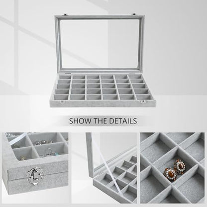 Wudygirl 30 Grid Jewelry Organizer Velvet Jewelry Box Jewelry Tray with Clear Lid Storage Case Showcase Display Stackable Removable (30 Grid) | 30 Grid Jewelry Organizer for Earrings, Perfect for Home Organization, Jewelry Display, Gift Giving, Dustproof