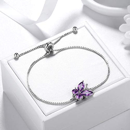 Aurora Tears Butterfly Jewelry,Women 925 Sterling Silver Butterflies Birthstone Pendant Necklace/Earrings/Rings Wedding Gift - color: B.February-set 3